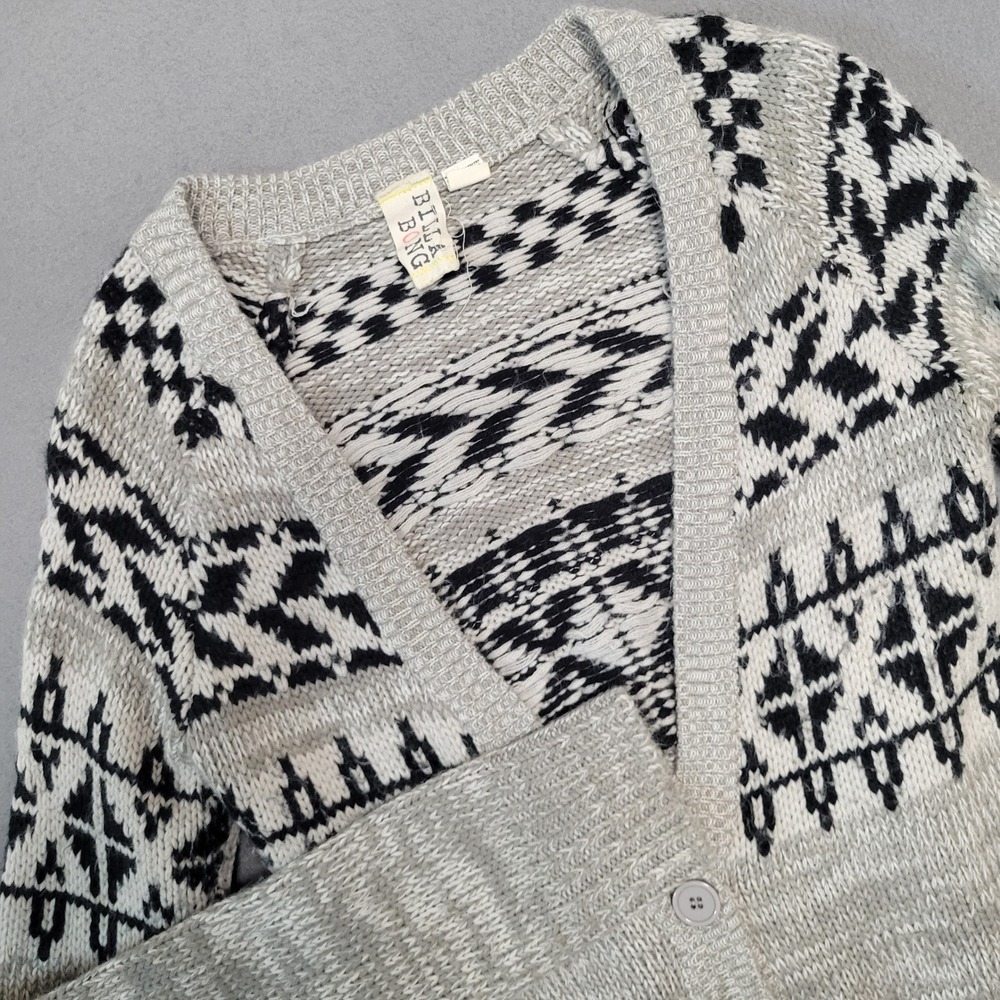 Billabong Womens Gray Fair Isle Chunky Knit Button Front Cardigan Sweater